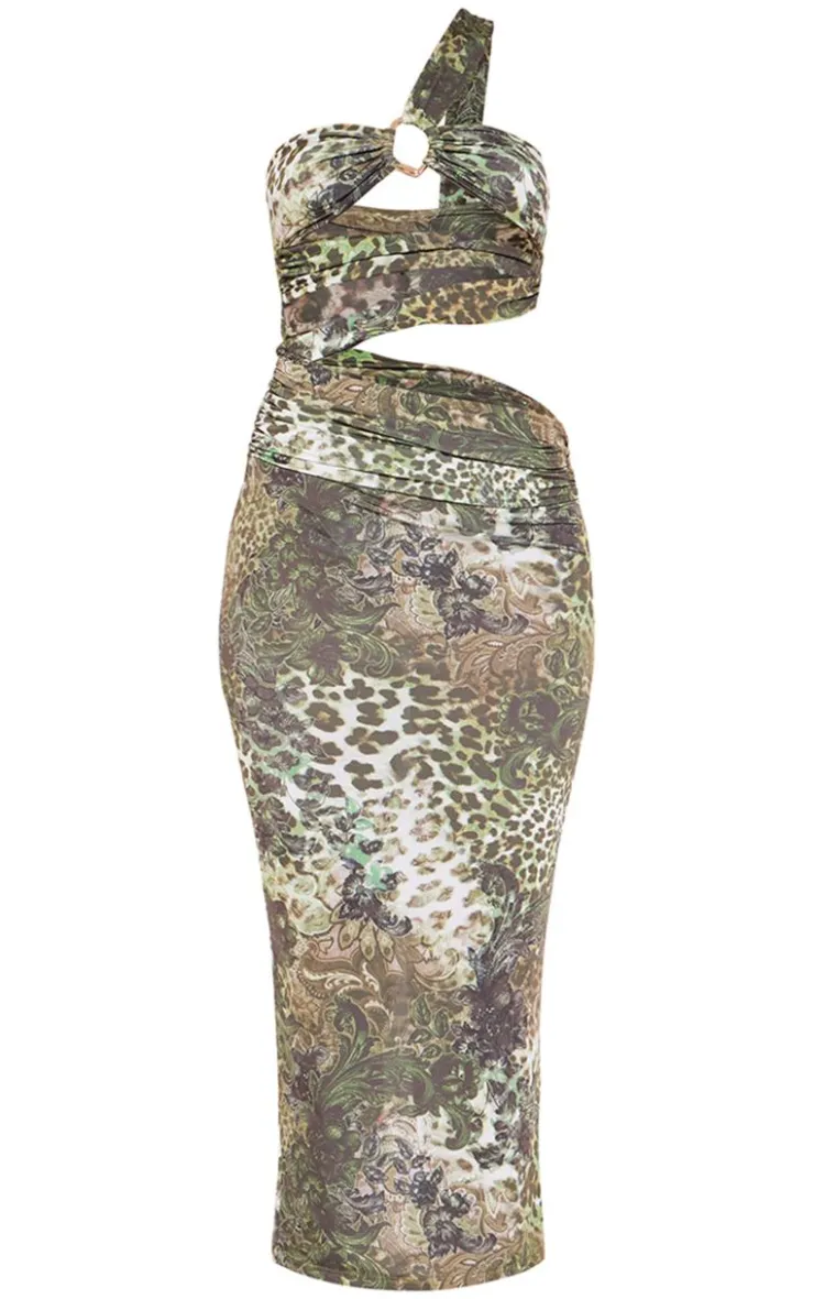 Animal Print Slinky Ring Detail Cut Out Midaxi Dress-PrettyLittleThing Hot