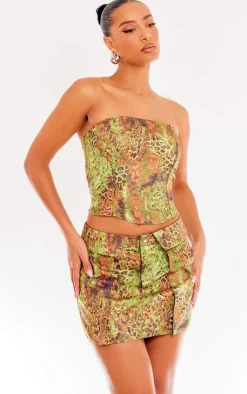 PrettyLittleThing Animal Printed Structured Longline Corset Green
