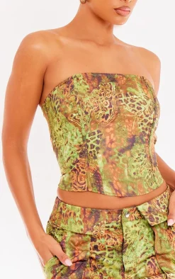 PrettyLittleThing Animal Printed Structured Longline Corset Green