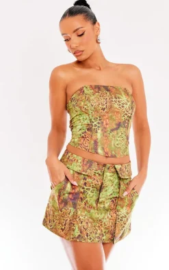 New PrettyLittleThing Animal Printed Structured Cargo Style Mini Skirt Green