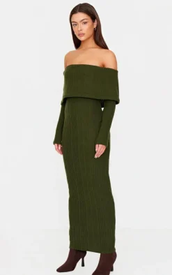 Brushed Rib Bardot Maxi Dress-PrettyLittleThing