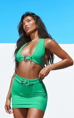 Green Buckle Trim Mini Beach Skirt