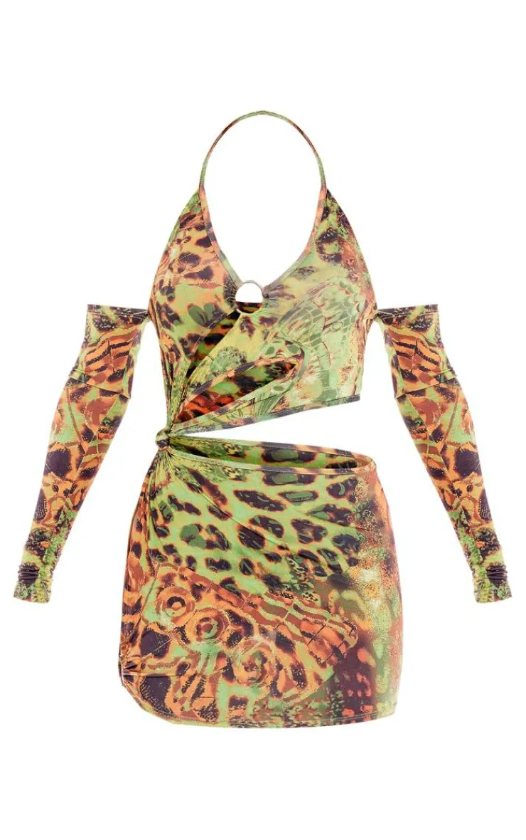 Butterfly Print Ring Detail Cut Out Long Sleeve Bodycon Dress-PrettyLittleThing Sale