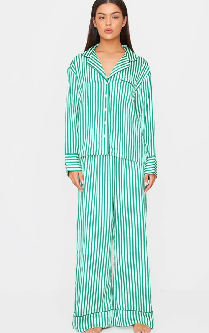 Green Candy Stripe Satin Long Pj Set