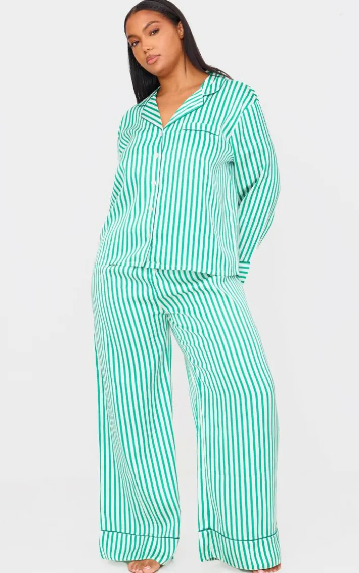 Green Candy Stripe Satin Long Pj Set