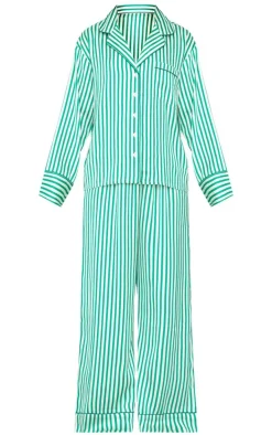 Green Candy Stripe Satin Long Pj Set