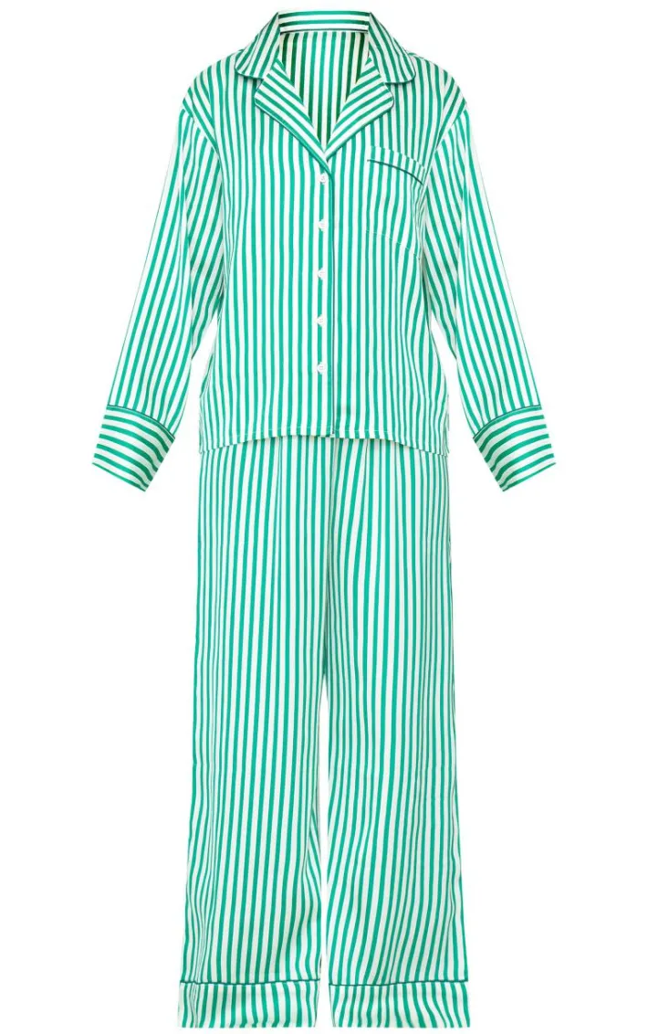 Green Candy Stripe Satin Long Pj Set