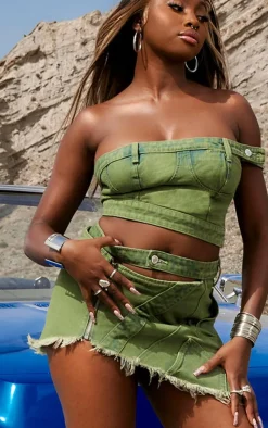 New PrettyLittleThing Cast Frayed Asymmetric Bandeau Top Green