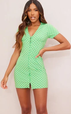Check Print Button Down Polo Collar Bodycon Dress-PrettyLittleThing New