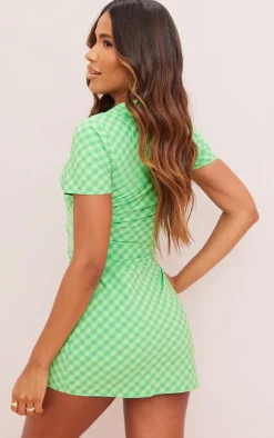 Check Print Button Down Polo Collar Bodycon Dress-PrettyLittleThing New