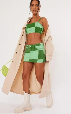 Sale PrettyLittleThing Check Print Denim Micro Mini Skirt Green
