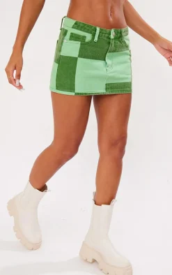 Sale PrettyLittleThing Check Print Denim Micro Mini Skirt Green