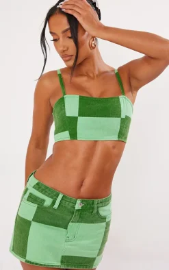 Sale PrettyLittleThing Check Print Denim Micro Mini Skirt Green