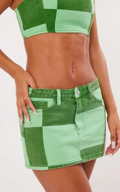 Sale PrettyLittleThing Check Print Denim Micro Mini Skirt Green