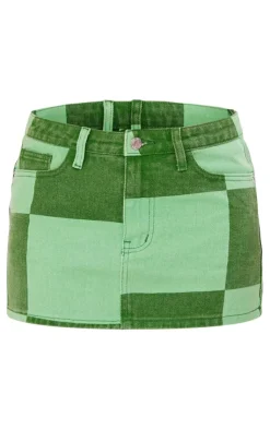 Sale PrettyLittleThing Check Print Denim Micro Mini Skirt Green
