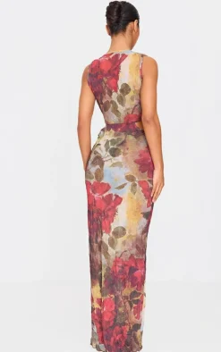 Crinkle Mesh Printed Cut Out Maxi Dress-PrettyLittleThing New