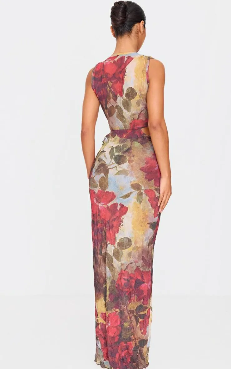 Crinkle Mesh Printed Cut Out Maxi Dress-PrettyLittleThing New
