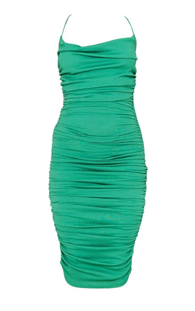 Crinkle Texture Ruched Cowl Neck Midi Dress-PrettyLittleThing Online