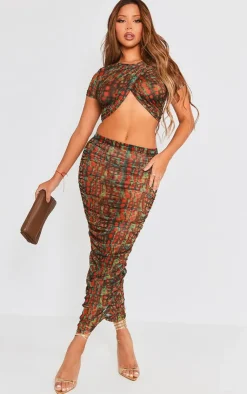 PrettyLittleThing Croc Printed Mesh Ruched Midaxi Skirt Green