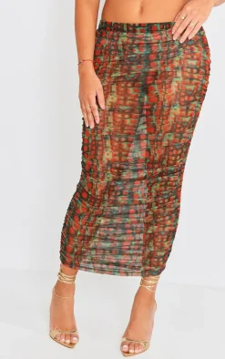 PrettyLittleThing Croc Printed Mesh Ruched Midaxi Skirt Green