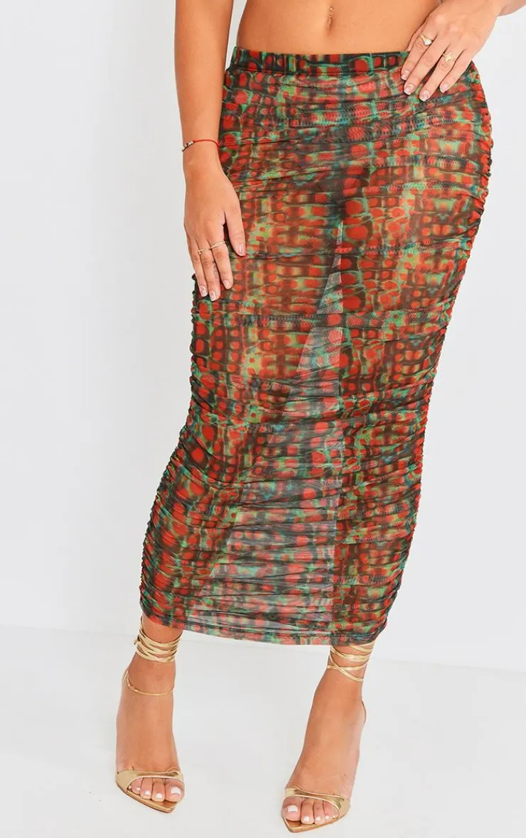 PrettyLittleThing Croc Printed Mesh Ruched Midaxi Skirt Green