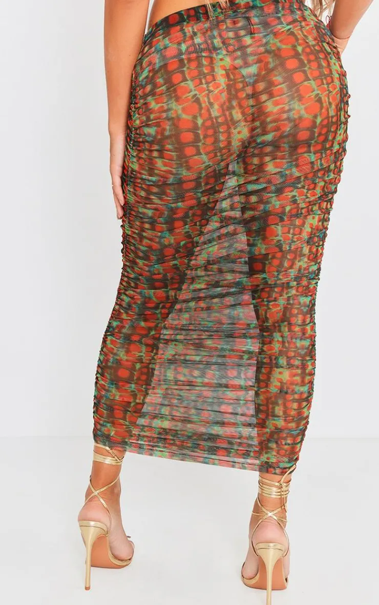 PrettyLittleThing Croc Printed Mesh Ruched Midaxi Skirt Green