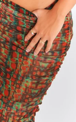 PrettyLittleThing Croc Printed Mesh Ruched Midaxi Skirt Green