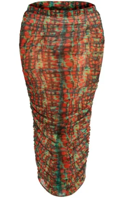 PrettyLittleThing Croc Printed Mesh Ruched Midaxi Skirt Green