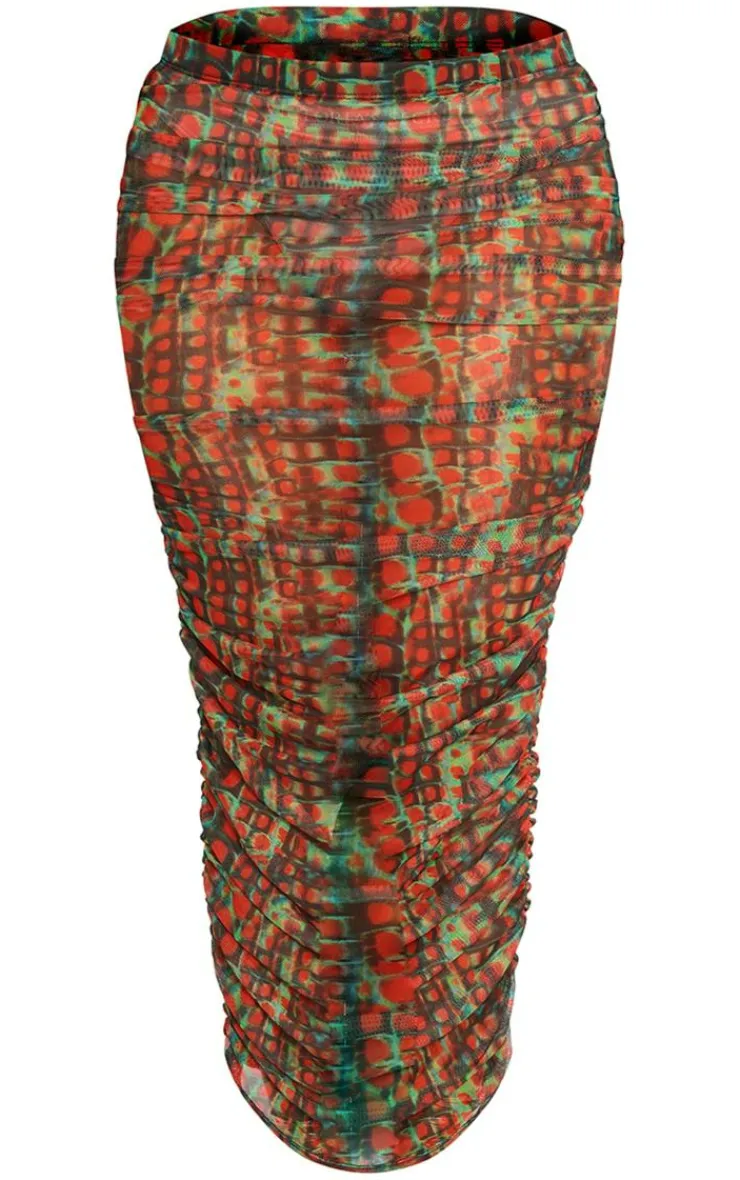 PrettyLittleThing Croc Printed Mesh Ruched Midaxi Skirt Green