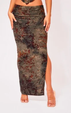 PrettyLittleThing Devore Low Rise Maxi Skirt Green