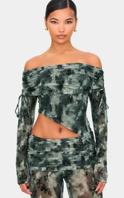 PrettyLittleThing Devore Mesh Foldover Long Sleeve Top Green