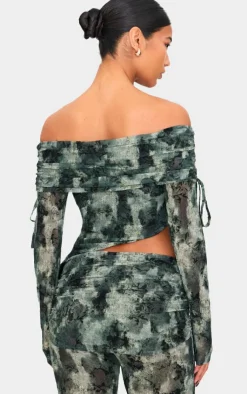 PrettyLittleThing Devore Mesh Foldover Long Sleeve Top Green
