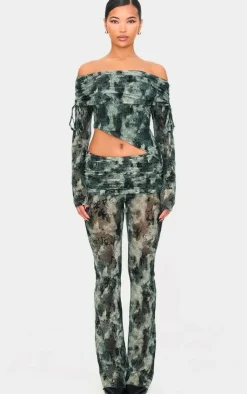 PrettyLittleThing Devore Mesh Foldover Long Sleeve Top Green