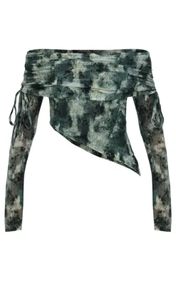 PrettyLittleThing Devore Mesh Foldover Long Sleeve Top Green