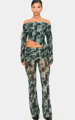 Sale PrettyLittleThing Devore Mesh Foldover Slim Flare Pants Green