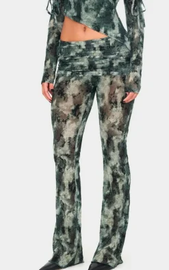 Sale PrettyLittleThing Devore Mesh Foldover Slim Flare Pants Green
