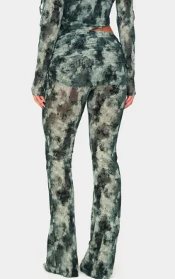 Sale PrettyLittleThing Devore Mesh Foldover Slim Flare Pants Green