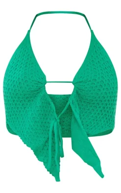 New PrettyLittleThing Dipped Hem Halter Neck Textured Knit Top Green