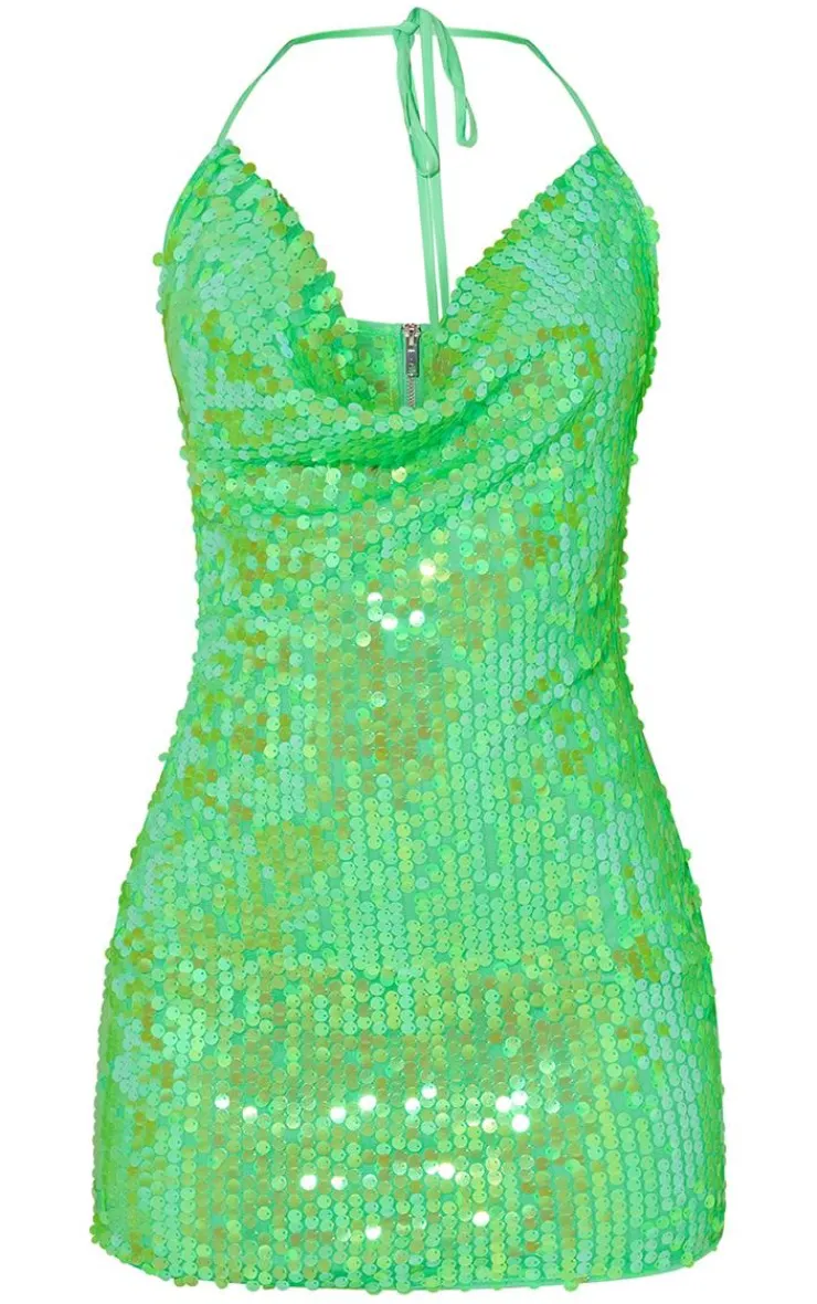 Disk Sequin Cowl Halterneck Bodycon Dress-PrettyLittleThing Best