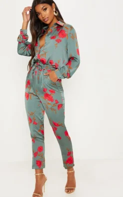 Outlet PrettyLittleThing Floral Print Cigarette Pants Green
