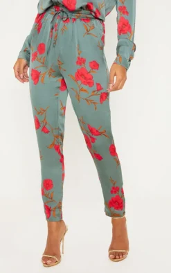 Outlet PrettyLittleThing Floral Print Cigarette Pants Green