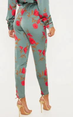 Outlet PrettyLittleThing Floral Print Cigarette Pants Green