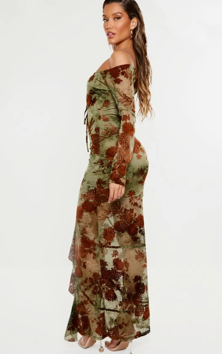 Floral Print Devore Off The Shoulder Long Sleeve Maxi Dress-PrettyLittleThing Sale