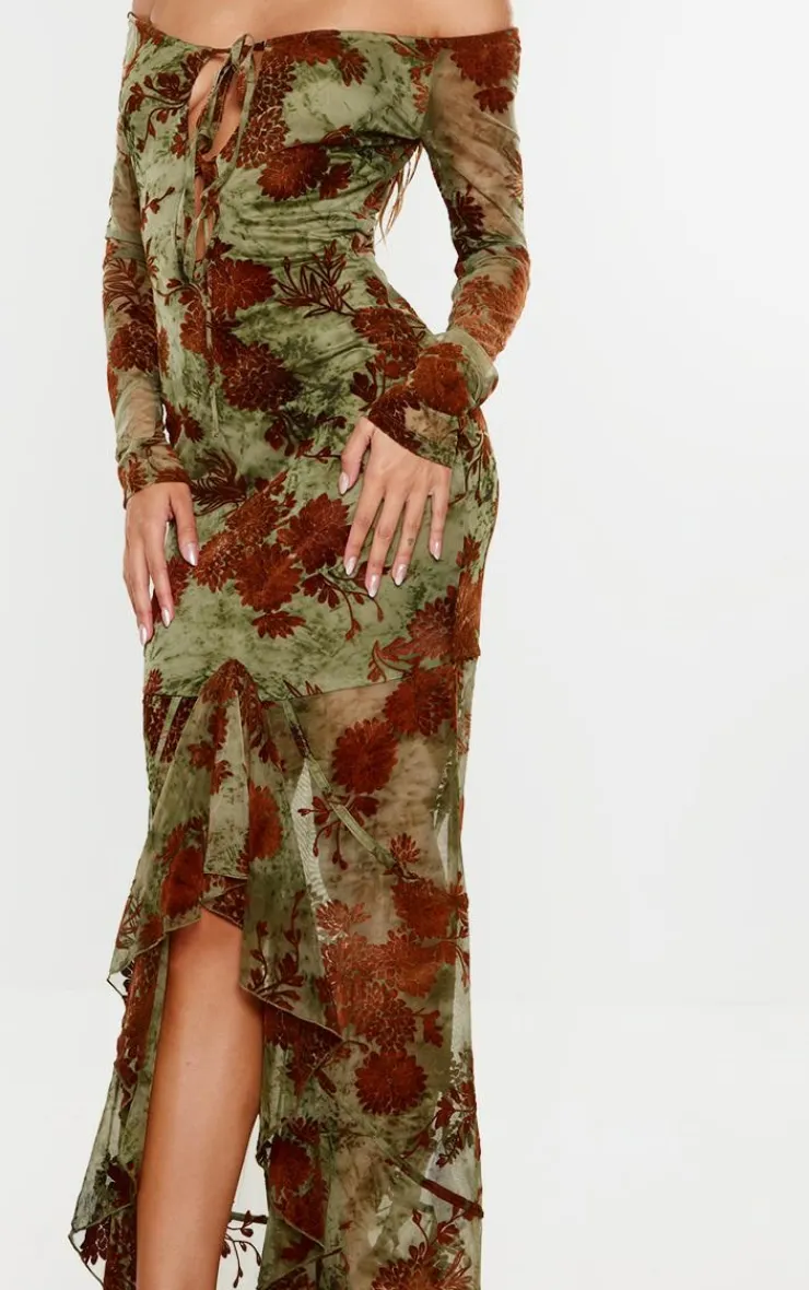 Floral Print Devore Off The Shoulder Long Sleeve Maxi Dress-PrettyLittleThing Sale