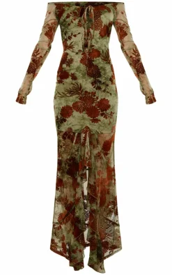 Floral Print Devore Off The Shoulder Long Sleeve Maxi Dress-PrettyLittleThing Sale