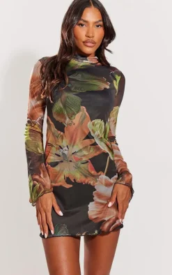 Floral Print High Neck Flared Sleeve Shift Dress-PrettyLittleThing New