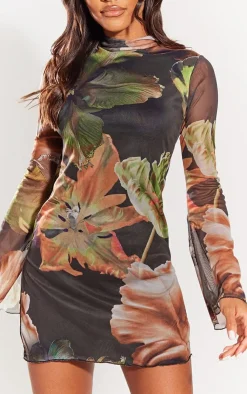 Floral Print High Neck Flared Sleeve Shift Dress-PrettyLittleThing New
