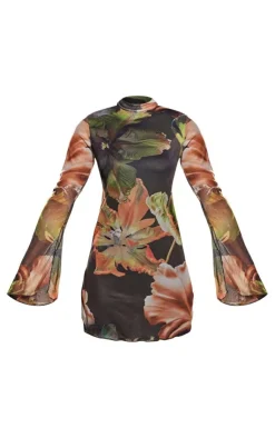 Floral Print High Neck Flared Sleeve Shift Dress-PrettyLittleThing New