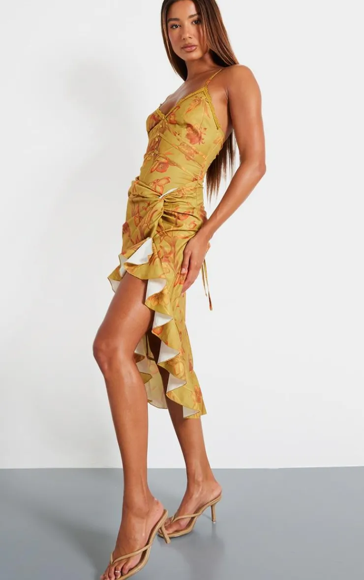 Floral Print Lace Up Back Twist Detail Midi Dress-PrettyLittleThing Online
