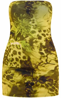 Floral Print Mesh Bandeau Lined Bodycon Dress-PrettyLittleThing